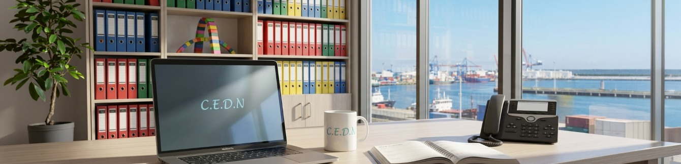 Bureau organisé avec ordinateur portable, tasse C.E.D.N, étagère de classeurs colorés et vue sur un port par la fenêtre