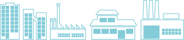 Illustration minimaliste d’une skyline urbaine et industrielle en bleu sur fond noir