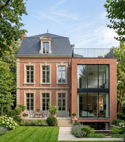 Grande maison en brique avec toit mansardé, extension moderne vitrée et jardin paysager soigné