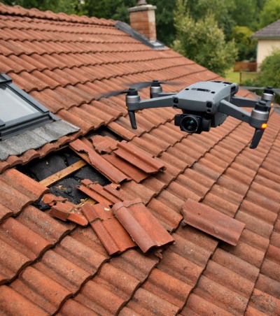 Drone survolant un toit en tuiles endommagé près d’une lucarne pour inspection des dégâts